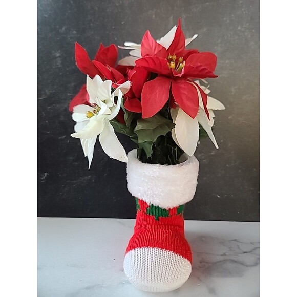 Vintage Christmas Decor Santa Boot With Faux Poinsettia Flowers - Picture 3 of 10